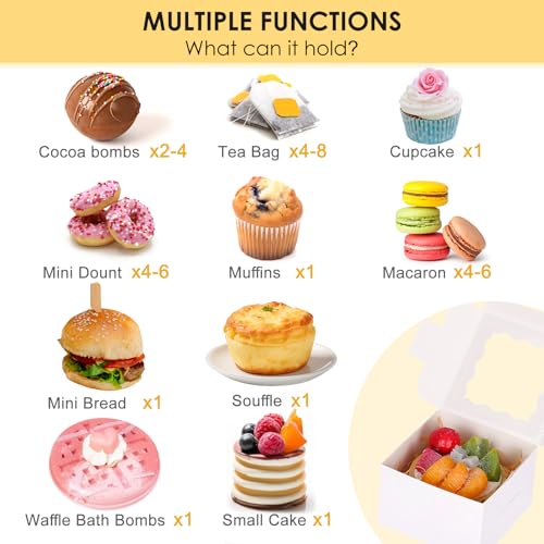 Moretoes 50pcs Small Cookie Boxes with Window, 4x4x2.5In White Bakery Boxes | Food-grade Treat Boxes with 5pcs Stickers for Small Cookies, Treats, Desserts, Chocolate Covered Strawberries, Mini Cake - color: White