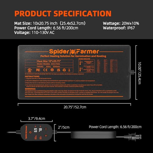 Spider Farmer 10"x20.75" Seedling Heat Mat with Built-in Thermostat | Fast & Uniform Heating, MET & UL Certified, IP67 Waterproof Plant Heating Pad for Seed Starting Germination Hydroponics - size: 10"x 20.75"