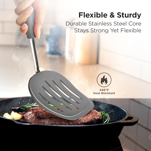 Kitchen Mama WaltzGrip Platinum Silicone Pancake Spatula Turner, Metal Gray | Heat-Resistant, Slotted Tapered Head, Stainless Steel Core, Durable and Dishwasher-Safe, For Flipping and Wok Use - color: Metal Gray