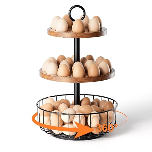 3-Tier 360° Rotating Egg Holder with Basket, Holds 64+ Eggs | Rustic farmhouse egg rack, 3-tier 360° rotating; ventilated wooden trays, metal basket. Holds 24+40 eggs. - size: 360° Rotating