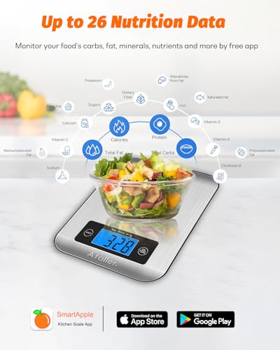 Smart Food Scales, 1g Resolution Max 5kg 11Ibs, Stainless Steel | Digital Kitchen Scale with Nutritional Calculator, Smartphone App, 26 Nutrients Tracking, for Cooking, Baking, Meal Prep - color: Grey