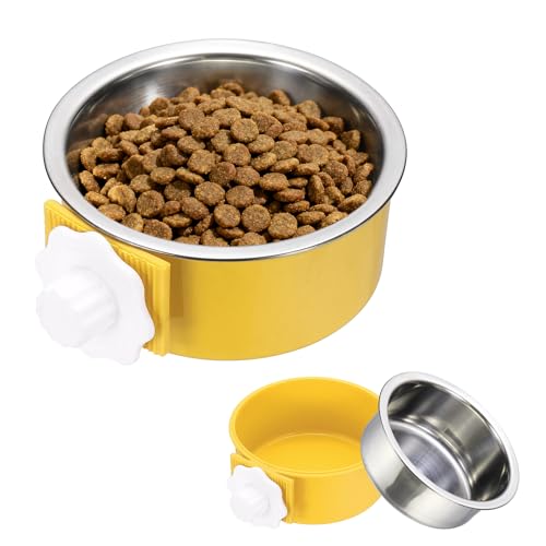 Crate Dog Bowl, Removable Stainless Steel Pet Cage Hanging Anti-Overturn Food Water Feeder Cage Cup (Round, Yellow, 13.2oz), Intended for Puppies/Cat/Rabbit/Bird - color: Yellow, size: 5.1"(13.2oz)