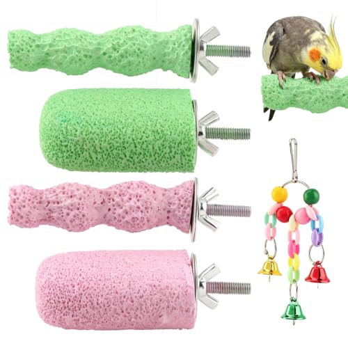 4 Pcs Bird Beak Grinding Stones, Small & Medium Bird Parrot Cage Perch | Bird Cage Stand Plat Form Foot Claws Trimmer with Swing Bell