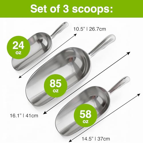 [Set of 3] 24oz + 58oz + 85oz Metal Scoops for Ice Machine - Large Aluminum Ice Scoop Bundle - Hand Wash Only