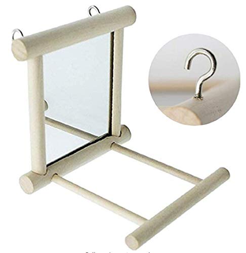 Birds Mirror for Cage,Parrot Hanging Swing with Mirror,Natural Wooden Play Mirror Pet Bird Cage Accessories with Metal Hook