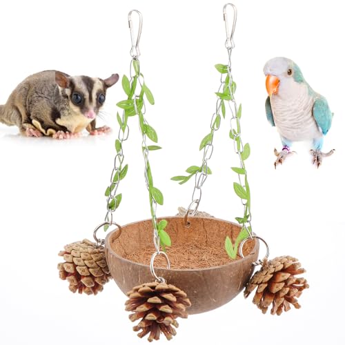 Bird Natural Coconut Nest Sugar Glider Hanging Swing Toy with Coconut Fiber Mat for Small Bird Parrot Parakeet Sugar Glider