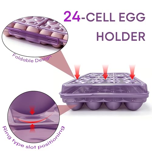 24 Grid Egg Storage Box for Refrigerator Kitchen Camping RV | Stackable BPA-Free Plastic Holder, Large Capacity Organizer With Lid, Portable Countertop Pantry Storage, Purple 1 Pack