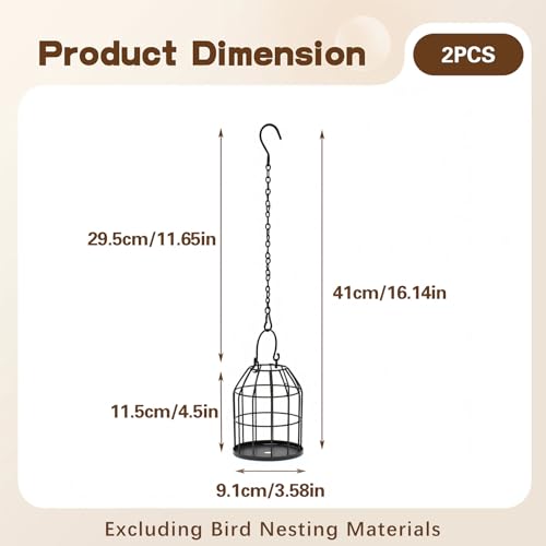 2 Pack Bird Nesting Material Holders, Refillable Metal Cage Holder for Wild Bird, Lovebirds & Hummingbird, Birdcage-shaped Hanging Decor for Outdoor Patio Yard Garden (Nesting Material Not Included)