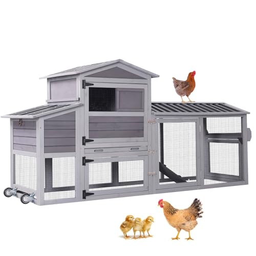 Aivituvin 83in Chicken Coop Mobile Hen House Outdoor Wooden Poultry Cage with Wheels Nesting Box Run for 2-4 Chickens - color: Grey, size: 83.3"L x 26.0"W x 42.0"H