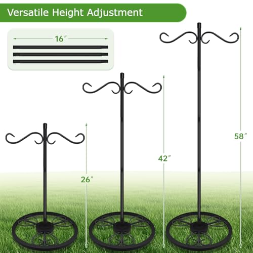 58'' Double Shepherds Hooks for Outdoor, Adjustable Shepherds Hook Stand with Base for Wind Chimes, Hummingbird Feeders, Indoor Outdoor Garden Patio Home Décor