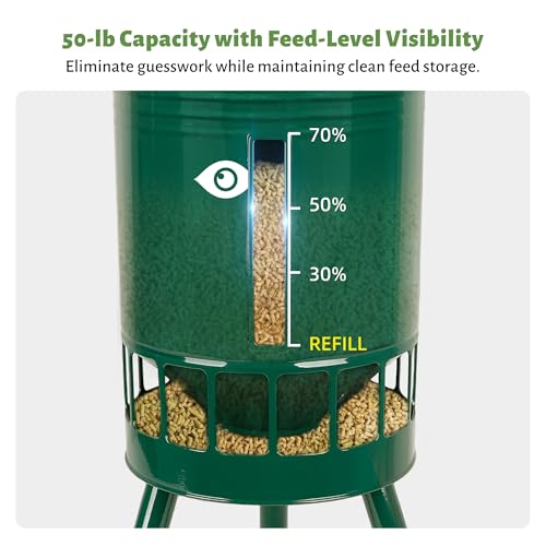 KOL 50LB Metal Chicken Feeder - No Waste, No Clog Design with 16 Ports & Smooth Gravity-Flow, Powder Coated Rust-Proof for Coop Use (Green) - color: Green