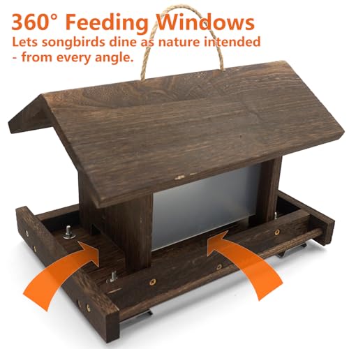 Wooden Bird Feeder Large Capacity Wood Birdfeeder for Feeding Outside Garden Wild Finches Robin Sparrow Blue Jay Chickadees