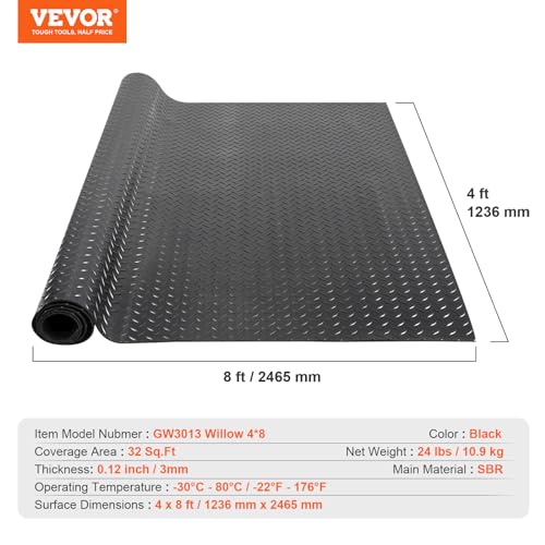 VEVOR Diamond-Plate Rubber Flooring Roll, 3 mm x 4 ft x 8 ft Floor Mat, SBR Rubber Roll, Easy to Clean, for Under Cars, Garage, Industry, Gym, Black - size: 4 ft x 8 ft