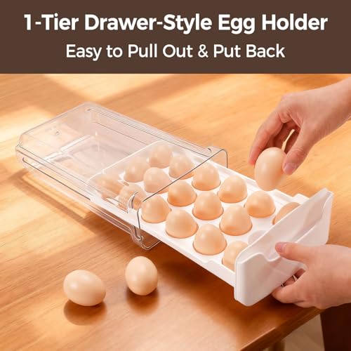 Egg-Holder for Fridge, Fits Small to Large Eggs, White | 18 Egg-Storage for Refrigerator Countertop, 1 Tier Dispenser with Drawer, Stackable Clear Egg Tray Container - size: 1 Tier-White