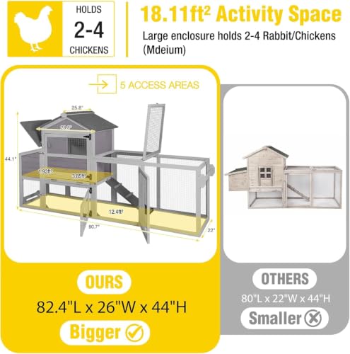 Aivituvin Mobile Chicken Coop with Wheels, 82.4" for 4-6 Hens(Grey) | 2 large nesting boxes with reinforced bottom keep eggs safe from raccoons and dogs Leak-resistant asphalt roof - color: Grey, size: 82.4"L x 26.0"W x 44.0"H