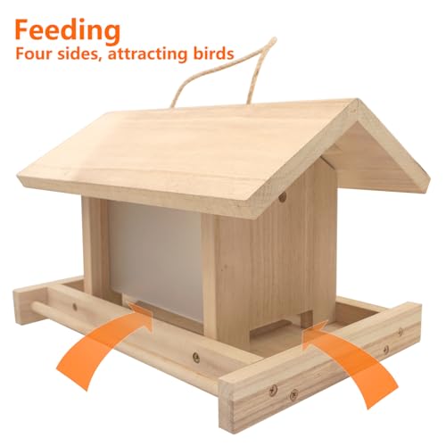 Hanging Wooden Bird Feeder, Outdoor Large Capacity Wood Birdfeeder for Feeding Outside Garden Wild Birds Finches Robin Sparrow Blue Jay Chickadees - color: Light Wood Color