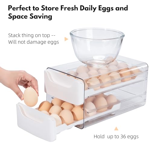 36-Egg Holder for Refrigerator, 2-Tier Stackable Egg Dispenser, White | 36-egg double-layer refrigerator organizer with smooth sliding drawers, clear PET body, and anti-slip silicone pads. - color: White
