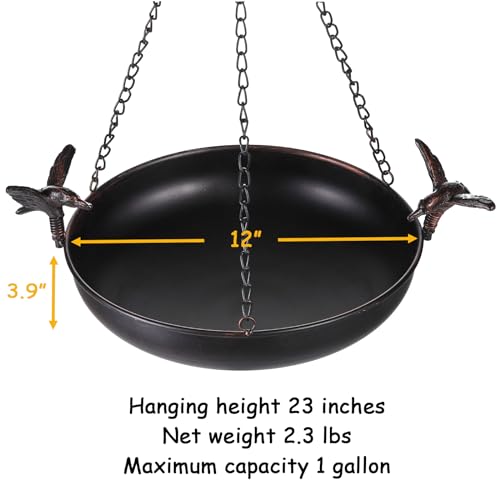 Hanging Bird Bath Feeder for Outdoor 23" H | Metal Birdbath with Cast Iron Bird Decor, Vintage Tray for Garden Yard Patio, Brown - color: Brown