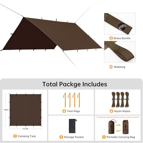 FREE SOLDIER Waterproof Camping Tarp Shelter Awning | Lightweight, Compact, Quick Setup, Waterproof Sun Shelter Campingtarp,For Backpacking, Beach, Travel and Outdoor Activities - color: Taupe 10×10.5ft