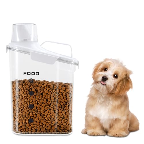 Dog Food Container, 3-5 Lb Dog Food Storage Containers with Airtight,Thicken the Lid, Large Pour Spout Cat Food Container with Measuring Cups,Portable Travel PetFood Storage Container (White) - color: White-narrow spout