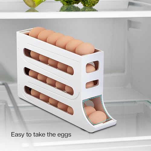 ZAYLAN Auto-Rolling Egg Holder for Fridge – 4-Tier Space-Saving Dispenser Holds 28 Eggs, White Organizer with FREE Flower Egg Cutter - color: WHITE