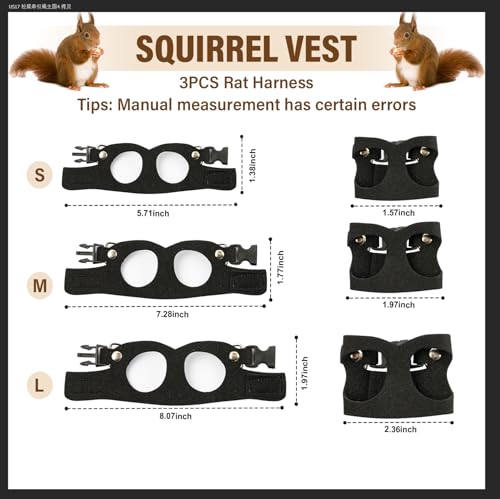 3Pcs Rat Harness and Leash, Small Animal Training Walking Vest Leash Adjustable Traction Rope Strap for Squirrel Gerbil Chinchilla Rat (Black) - color: Black