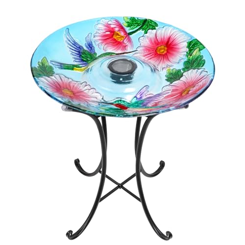 MUMTOP Glass Bird Bath Solar Birdbath with Metal Stand Garden Flower Decor | 18" Diameter 21.65" Height Outdoor Bird Baths for Lawn Yard Decor, Solar Large Birdbath Hummingbirds Bird Feeder - color: Hummingbirds