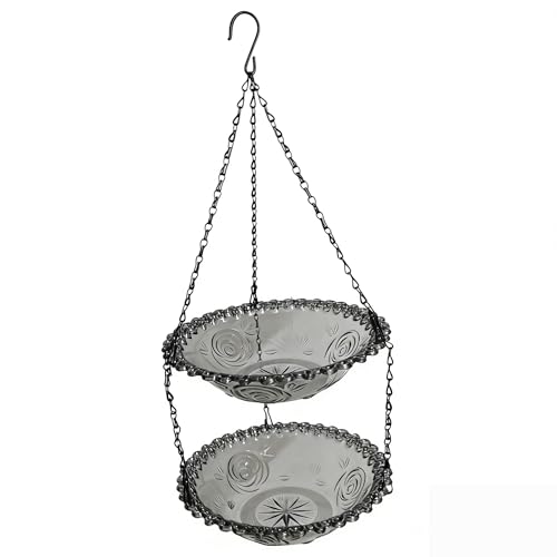 2-Tier Hanging Bird Feeder & Bird Bath, Gray Plastic | Outdoor, Bird Water Bowl, Garden Yard Patio Decor