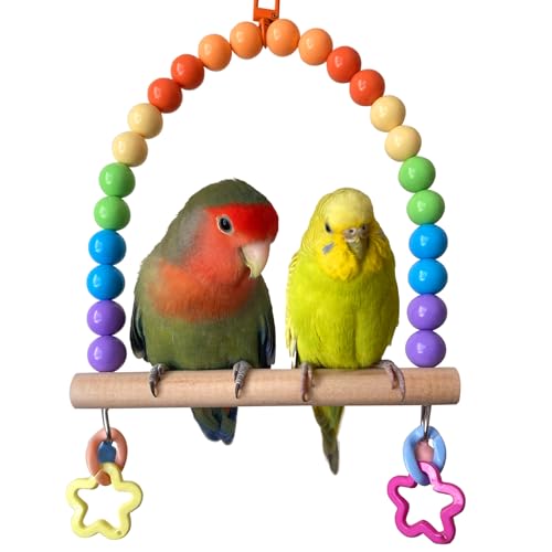 Bird Cage Swings Perch Cockatiels Parrot Hanging Chewing Beads Bell Toys | Parakeets Birdcage Wood Stands, Rainbow Color Acrylic Bead, Climbing Training Set for Lovebirds Conures Budgies - color: Rainbow