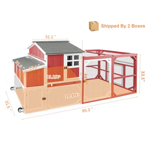 PetsCosset 95.3" Mobile Chicken Coop Tractor Hen House with Nesting Box,Backyard Chicken Coops Chicken House,2 Story Wooden Indoor Outdoor Poultry Cage for 3-5 Chicken with 6 Access,Pull-Out Tray(RED) - size: 95.3" L - Red