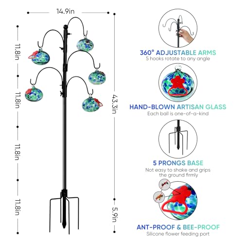 Hummingbird Feeders for Outdoors Set of 5, Hand Blown Glass Hummingbird Feeder with Stand, Decorative Bird Feeder Stand for Garden Yard Outside
