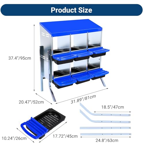 GarveeHome 2-Tier Chicken Nesting Box, 6 Compartment Metal Chicken Laying Boxes with Waterproof Roof ＆ Removable Trays for Hens, Poultry，Easy Egg Collection - color: Blue, size: 32.1"L x 16.9"W x 26.6"H