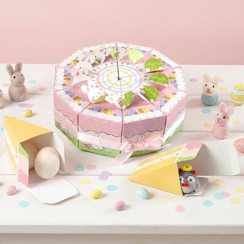 10 Piece Cake-Style Easter Box Set, Candy Chocolate Dessert Containers with 3D Bunny & Egg Decor + Pink Ribbon Perfect Easter Treat Boxes & Party Favor Containers for Baby Shower, Birthday Party