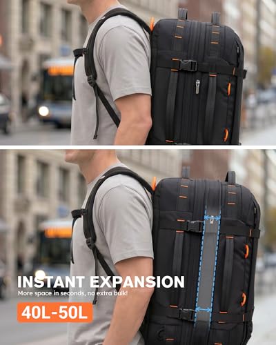 Tolaccea Travel Backpack 40-50L, 16" Laptop Carry On Duffle for Travel Work | 40-50L Expandable, TSA Approved 180° Open, 3L Wet-Dry Pocket, RPET Fabric, 3-in-1 Convertible Carrying, Detachable Waist Belt - color: Black