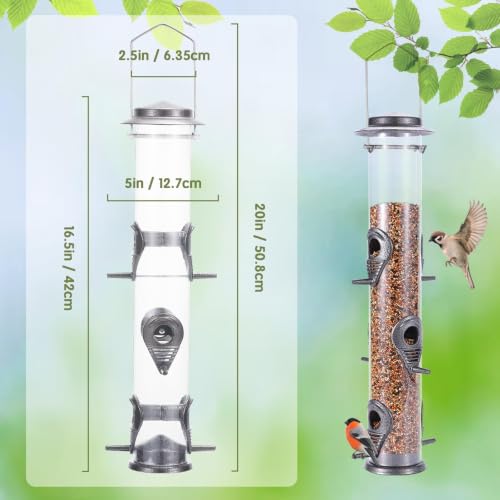 1PK Metal Wild Bird Feeder,Squirrel Proof Bird Feeders for Outside,Hanging 6 Port Tube Bird Feeder Transparent Finch Bird Feeder for Attracting Birds in Your Lawn, Garden, Balcony-Gray - color: Gray