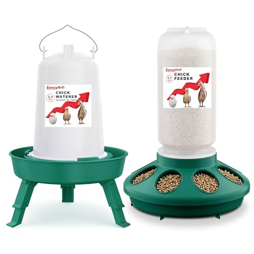 2-in-1 Chick Starter Set: 0.3 Gal Feeder & 0.4 Gal Waterer Green | Chick Feeder and Waterer with Adjustable legs, Anti-drowning, Anti-tip and Hanging Hooks Design for Baby Chicks - color: Green