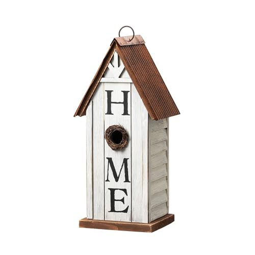 Glitzhome Decorative Bird Houses for Outdoors,14.75" H Distressed Bluebird House Solid Wood Hanging Bird House Home Inspiration Decorative Pet Cottage Outdoor Garden Birdhouse,Washed White - color: 14.75"H "HOME" Wash White
