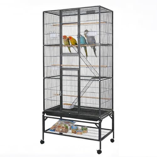 69.5 Inch Large Bird Cage, Parakeet Flight Cage with Rolling Stand, Storage Shelf, Tray, Perches, Feed Bowls, Extra Large Parrot Cage for Macaw, Cockatiel, Budgie, Conure, Lovebird & Finch