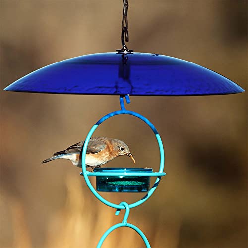 Yellow Recycled Glass Bird Feeder Dome, Hanging Weather Shield with Dual Hooks, Durable Outdoor Protection for Backyard Feeders, Cobalt Blue
