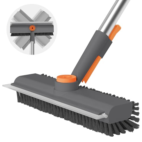 AIR U+ Floor Scrub Brush with Long Handle, 3-in-1 Rotating Head & Squeegee | Stiff Dual-Sided Bristles for Shower, Bathroom, Kitchen and Patio, 30–50 In Handle for Easier Stand-up Cleaning, Gray - color: Gray, size: 1 PACK