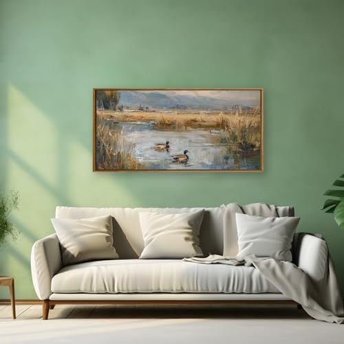 QTUSYUR Mallard Duck Pond Wall Art - Large Farmed Vintage Countryside Art Print -Wildlife Canvas Artwork for Farmhouse Cabin Bird Hunter- Rustic Lake Wild Ducks Wall Picture for Home Decor 20×40 IN - style: Mallard Duck