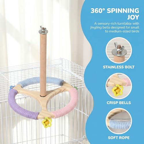 Bird Stand Perch Toy, Rotating Exercise Wheel, 8 inches Wooden Perch with Bells, Cage Accessories for Parakeet, Budgie, Cockatiel