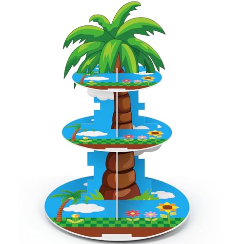 Blue Cupcake Stand Cartoon Themed Birthday Party Decorations 3 Tier Palm Tree Dessert Cake Toppers Stand Decorations Cupcake Holder Tower for Video Games Party Supplies Pixel Baby Shower - style: Cartoon