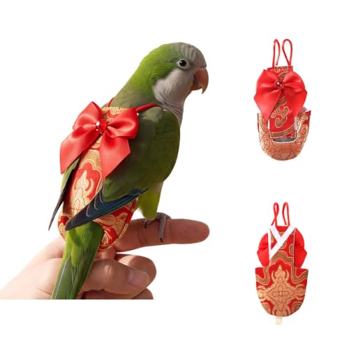 Escape-Proof Adjustable Parrot Flight Suit with Chinese Brocade Bow, Reusable Washable Bird Diaper Clothing for Cockatiels, Parakeets, Monk Parrots, Sun Conures & Mini Macaws (Red Nylon-S) - size: Red nylon-S