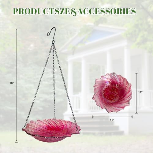 Bird Baths for Outdoors, 11" Pink Glass Birdbaths Outdoor Birdfeeder with Metal Stake - color: Pink with Hanging