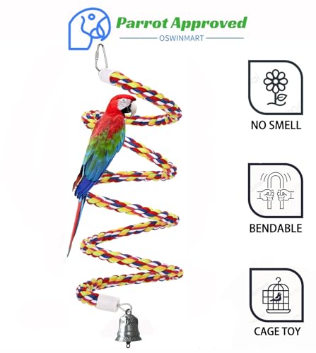 63'' Bird Rope Perches Birdcage Swing Toys 100% Cotton Natural Bird Perch Peck/Chewing with Vintage Bell Climbing Standing Bungee Parrot Toys for Small to Regular Size Parrot Cockatiel Birds - size: 63 inches (1 piece)