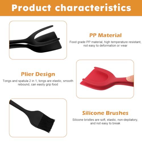 2pcs Egg Flipper Spatulas with Silicone Brush, 2 in 1 Grip and Flip Spatula Tongs Egg Flipper Home Kitchen Cooking Tool(Black+red)