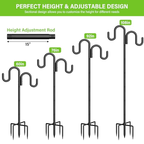 Double Shepherd Hook for Outdoor, 108" Heavy Duty Bird Feeder Pole with 5-Prong Base, Adjustable Thickened Shepherd Hook for Bird Feeder, Flower Baskets, Solar Lights, Lanterns, Black, 2 Pack - size: 108"