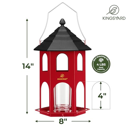 Kingsyard Metal Bird Feeder for Outdoor Hanging, Wild Bird Feeders with Circular Perch, Easy to Clean & Refill, 4 lbs Large Seed Capacity, Red - color: Red