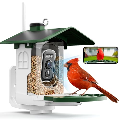 Smart Bird Feeder with Camera, Solar 2K AI Identification, Green | Dual Solar Power, 32GB SD Included, Squirrel Barrier Tray, IP65 Weatherproof, Instant Bird Alerts, 30-Day AI Cloud Trial - color: Green